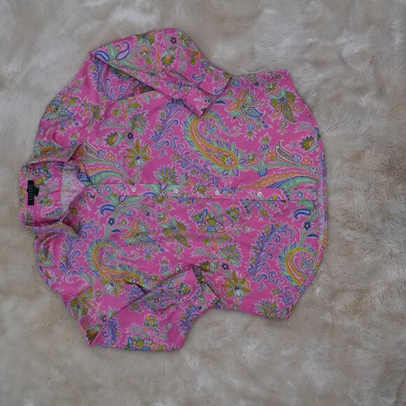 Lauren Ralph Lauren Blouse L Neon Pink Paisley Cotton Button Up Resort Chic - Picture 5 of 15